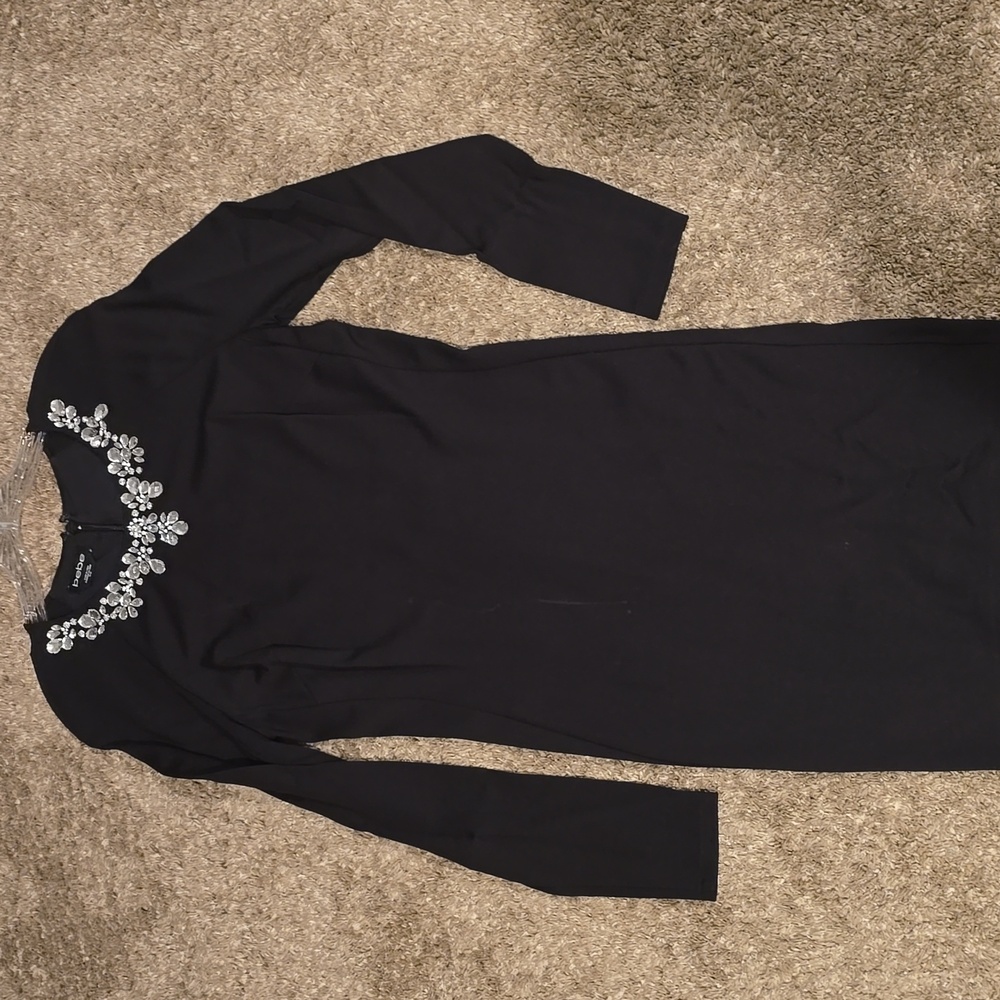 Bebe Evening Black Dress with Embellished Neckline